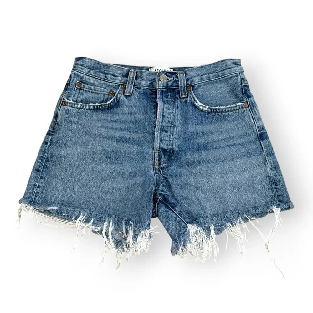 AGOLDE Parker Long Women's High Rise Blue Denim Cut Off Shorts 24 Button Fly